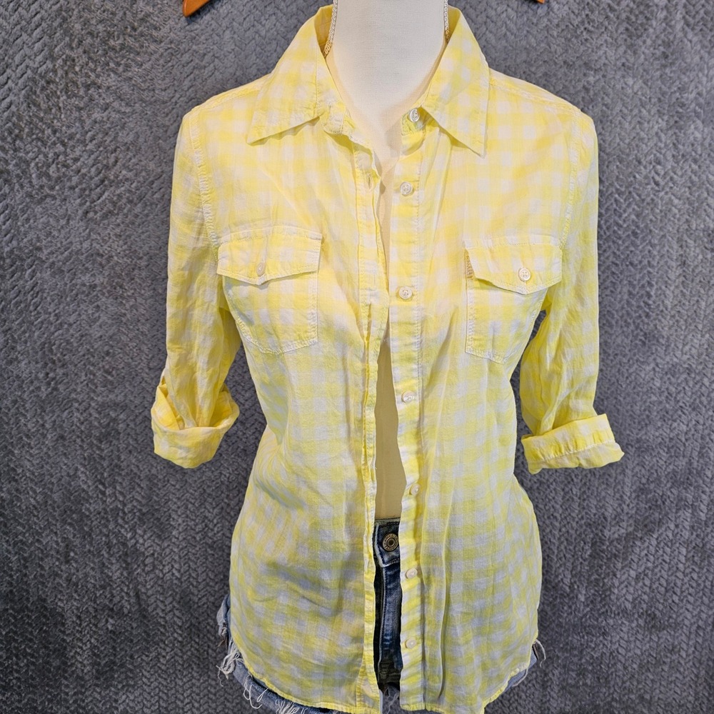 SO Yellow White Gingham Plaid Button Down‎ So Perfect Shirt Womens Large Cotton